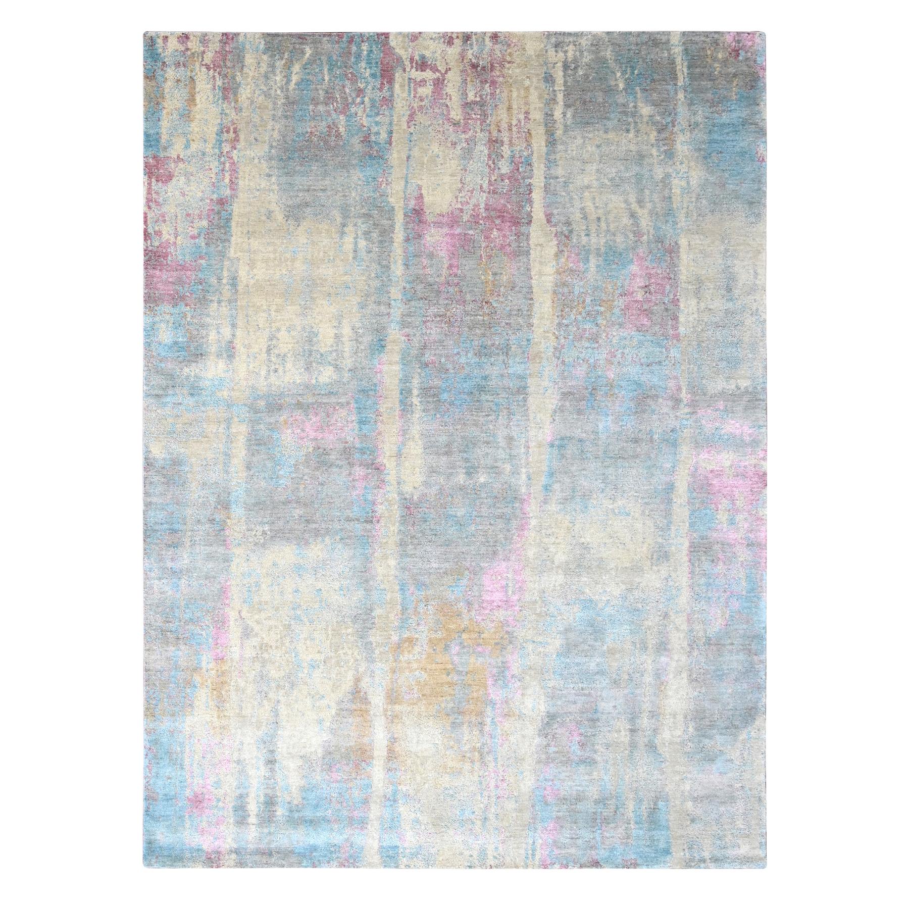 Pastel Yellow and Blue Earth Tones, Abstract Design with Nepali Weave, Shiny Wool and Silk, Hand Knotted, Oriental Rug